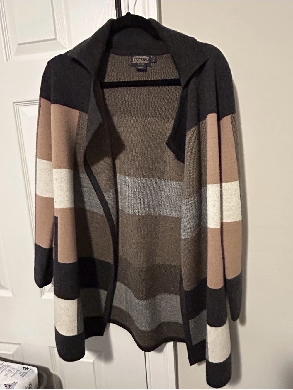 Pendleton Striped Open Cardigan in Taupe, Gray, Black